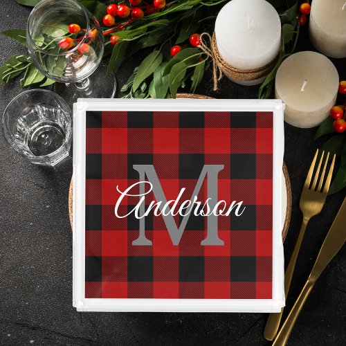 Red Buffalo Plaid  Personal Initial  Gift Acrylic Tray