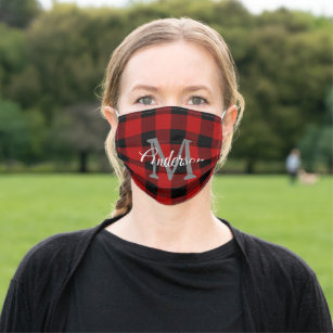 Red Buffalo Plaid   Personal Initial   Gift Adult Cloth Face Mask