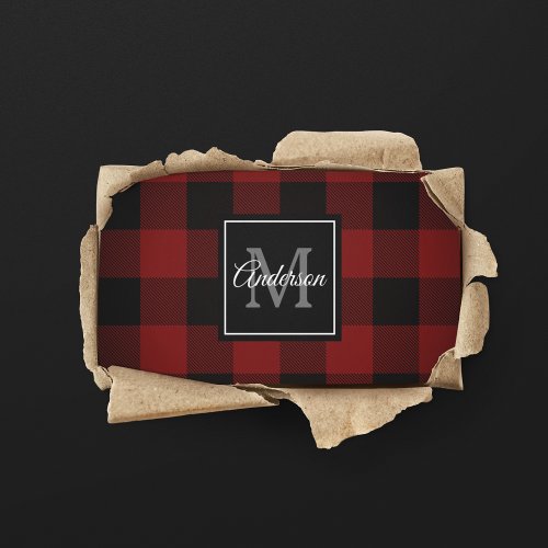 Red Buffalo Plaid  Personal Initial  Gift Business Card