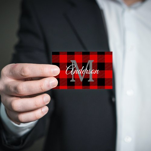 Red Buffalo Plaid  Personal Initial  Gift Business Card