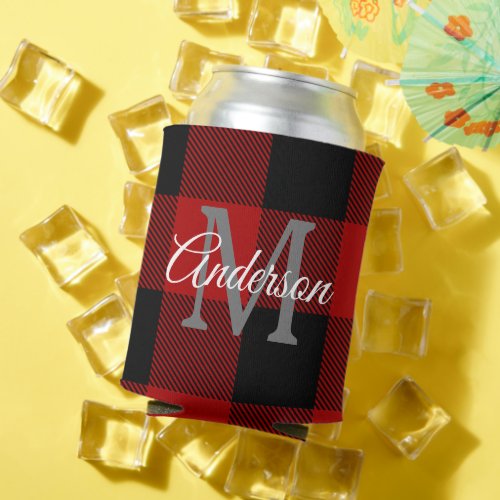 Red Buffalo Plaid  Personal Initial  Gift Can Cooler
