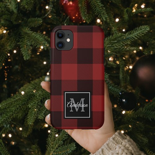 Red Buffalo Plaid  Personal Initial  Gift Case_M iPhone 11 Case