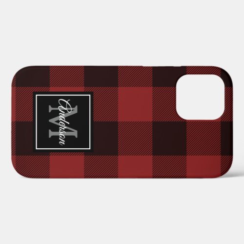 Red Buffalo Plaid  Personal Initial  Gift iPhone 12 Case