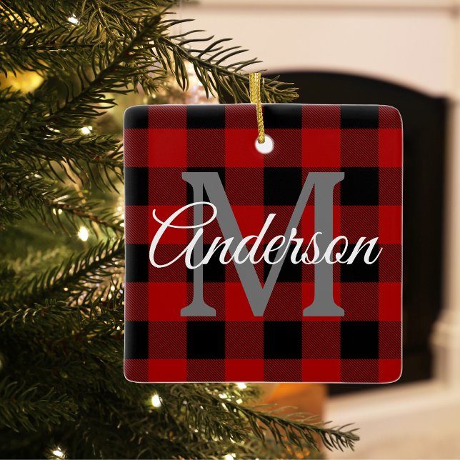 Red Buffalo Plaid | Personal Initial | Gift Ceramic Ornament (Creator Uploaded)