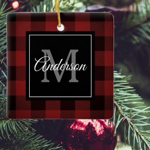 Red Buffalo Plaid  Personal Initial  Gift Ceramic Ornament