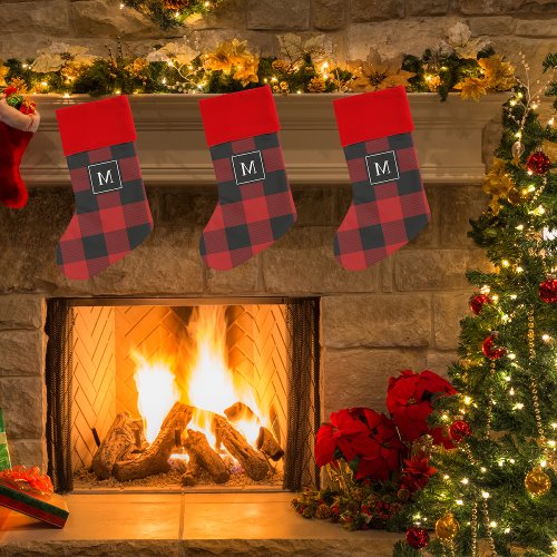 Red Buffalo Plaid  Personal Initial  Gift Christmas Stocking