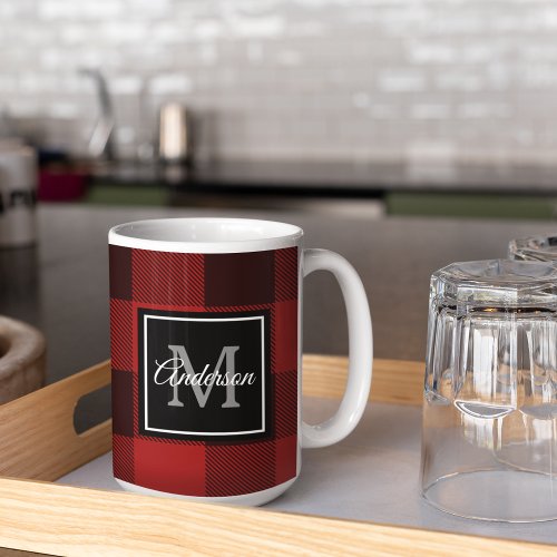 Red Buffalo Plaid  Personal Initial  Gift Coffee Coffee Mug