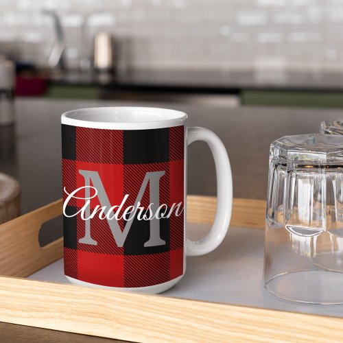 Red Buffalo Plaid  Personal Initial  Gift Coffee Mug