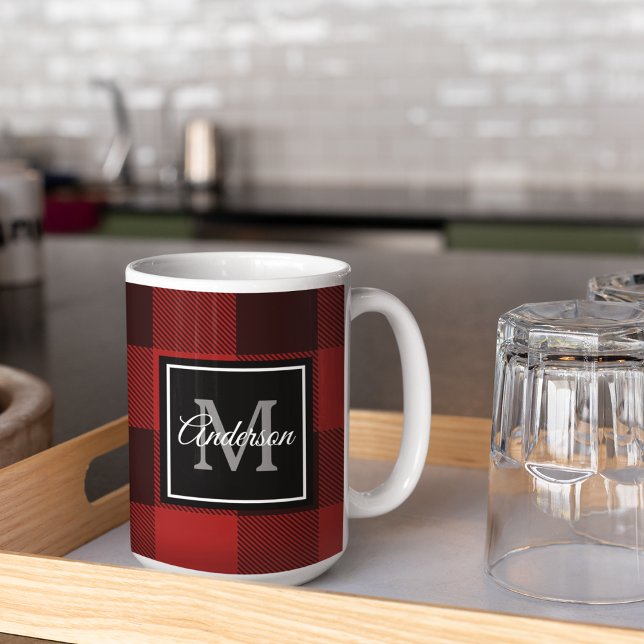 Red Buffalo Plaid | Personal Initial | Gift Coffee Mug (Creator Uploaded)