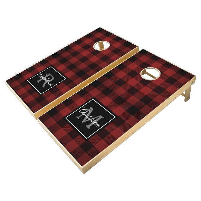 Red Buffalo Plaid | Personal Initial | Gift Cornhole Set (Angled)