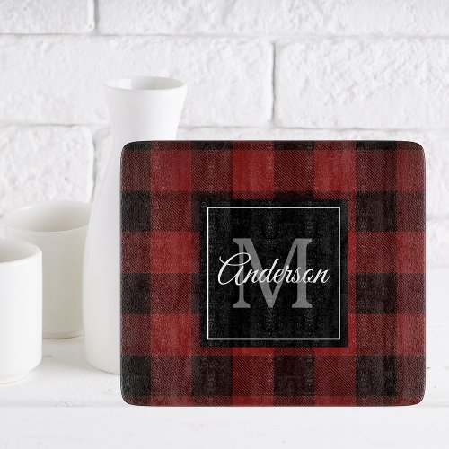 Red Buffalo Plaid  Personal Initial  Gift Cutting Board