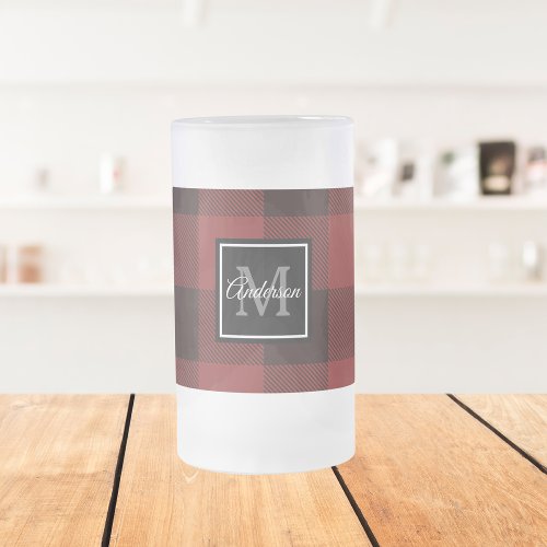 Red Buffalo Plaid  Personal Initial  Gift Froste Frosted Glass Beer Mug