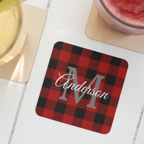 Red Buffalo Plaid  Personal Initial  Gift Glass Coaster