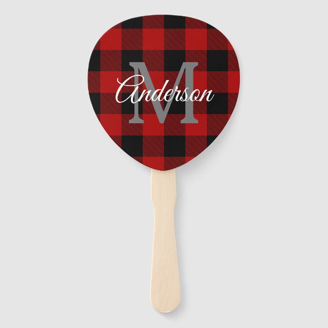 Red Buffalo Plaid | Personal Initial | Gift Hand Fan (Front)