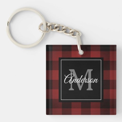 Red Buffalo Plaid  Personal Initial  Gift Keychain