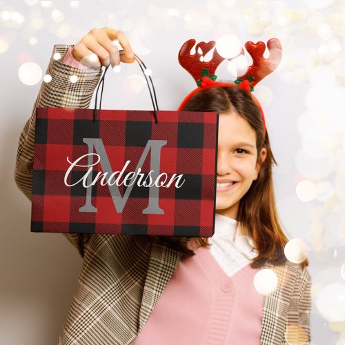 Red Buffalo Plaid  Personal Initial  Gift Large Gift Bag
