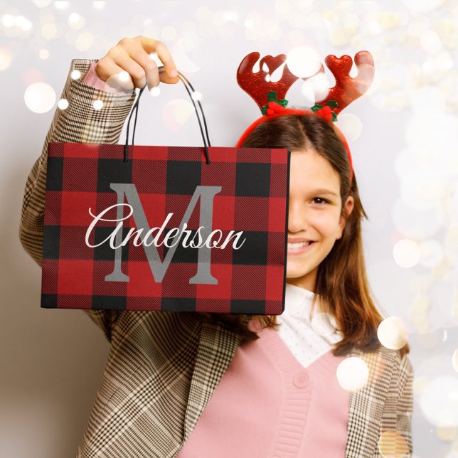 Red Buffalo Plaid | Personal Initial | Gift Large Gift Bag (Creator Uploaded)