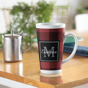 Red Buffalo Plaid   Personal Initial   Gift Latte Mug
