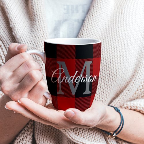 Red Buffalo Plaid  Personal Initial  Gift Latte Mug