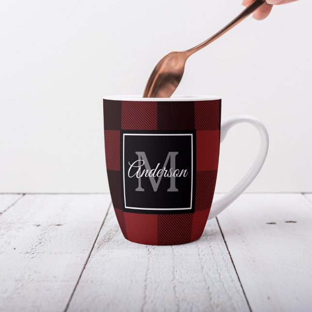 Red Buffalo Plaid | Personal Initial | Gift Latte Mug (Creator Uploaded)