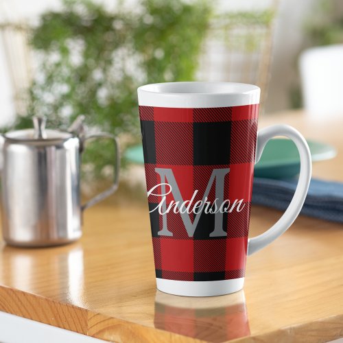 Red Buffalo Plaid  Personal Initial  Gift Latte Mug