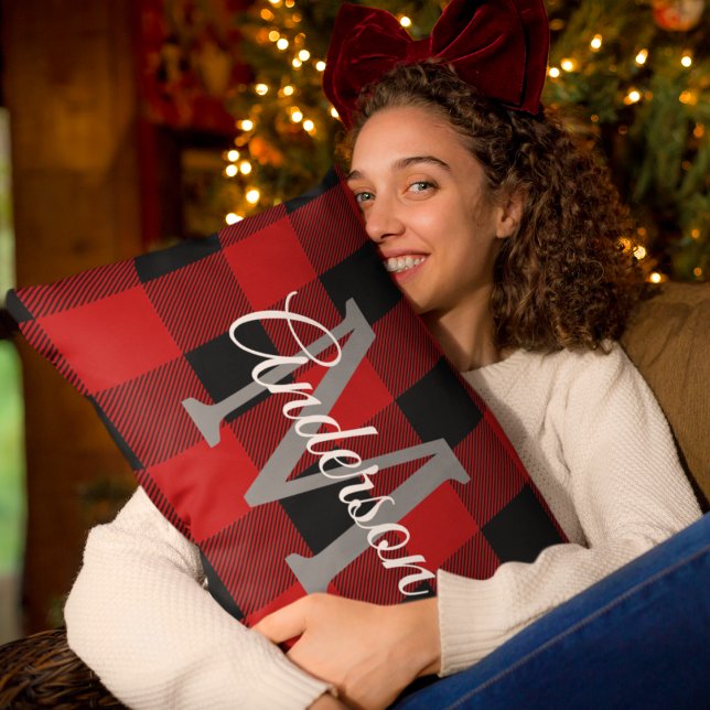 Red Buffalo Plaid | Personal Initial | Gift Lumbar Pillow (Creator Uploaded)