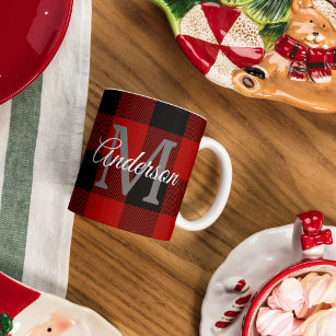 Red Buffalo Plaid   Personal Initial   Gift Mug