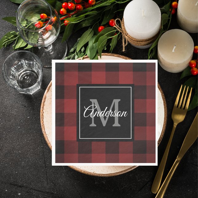 Red Buffalo Plaid | Personal Initial | Gift Napkins (Creator Uploaded)