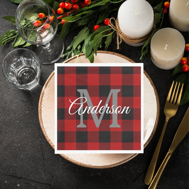 Red Buffalo Plaid | Personal Initial | Gift Napkins (Creator Uploaded)