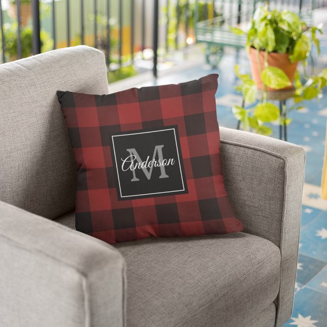 Red Buffalo Plaid | Personal Initial | Gift Outdoor Pillow (Creator Uploaded)