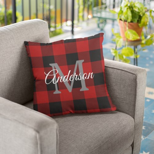 Red Buffalo Plaid  Personal Initial  Gift Outdoor Pillow