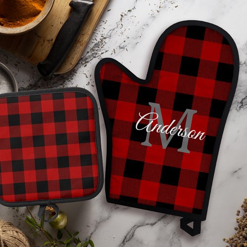 Red Buffalo Plaid  Personal Initial  Gift Oven Mitt  Pot Holder Set