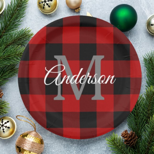 Red Buffalo Plaid | Personal Initial | Gift Paper Plates (Creator Uploaded)