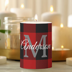 Red Buffalo Plaid Personal Initial Gift Pillar Candle