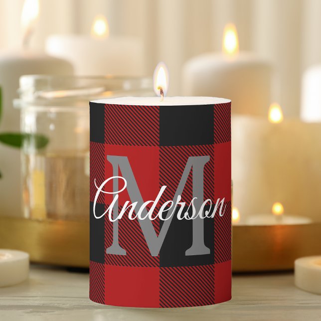 Red Buffalo Plaid | Personal Initial | Gift Pillar Candle (Creator Uploaded)