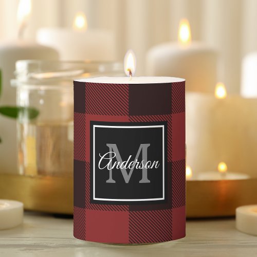 Red Buffalo Plaid  Personal Initial  Gift Pillar Pillar Candle