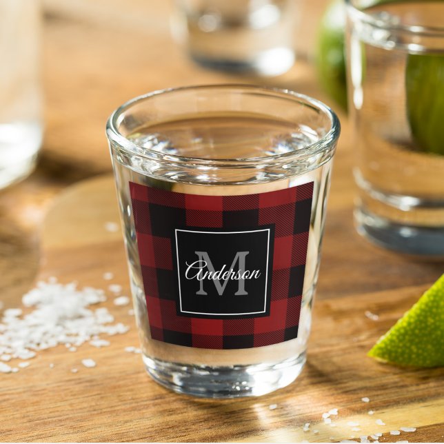 Red Buffalo Plaid | Personal Initial | Gift Shot Glass (Creator Uploaded)
