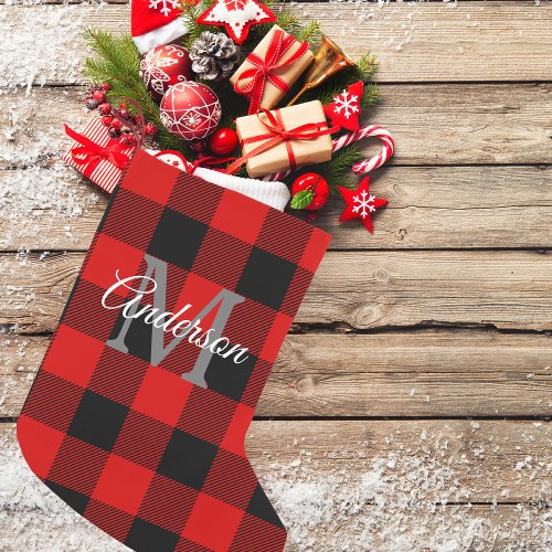 Red Buffalo Plaid  Personal Initial  Gift Small Christmas Stocking