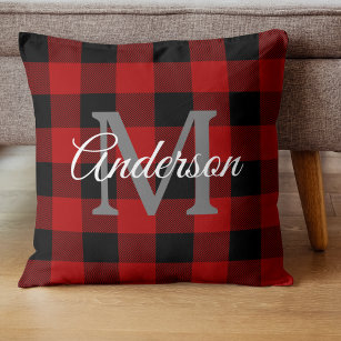 Red Buffalo Plaid   Personal Initial   Gift Throw Pillow