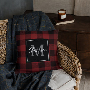 Red Buffalo Plaid   Personal Initial   Gift Throw Pillow