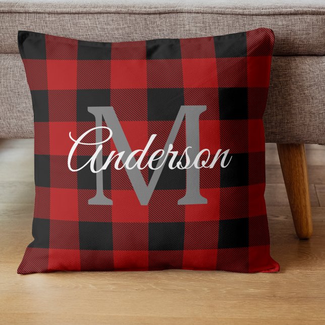 Red Buffalo Plaid | Personal Initial | Gift Throw Pillow (Creator Uploaded)