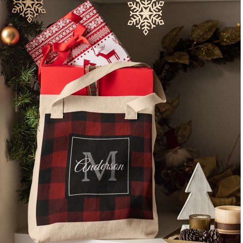 Red Buffalo Plaid  Personal Initial  Gift Tote Bag