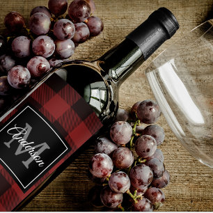 Red Buffalo Plaid Personal Initial Gift Wine Label