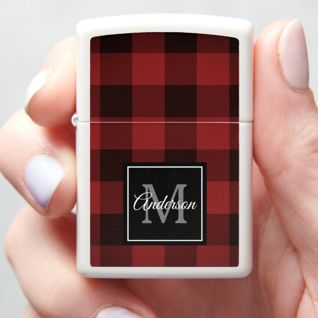 Red Buffalo Plaid | Personal Initial | Gift Zippo Lighter (In Hand)