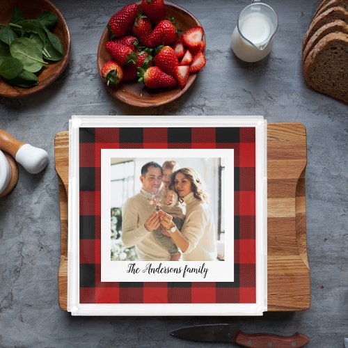 Red Buffalo Plaid  Personal Name And Photo Acrylic Tray