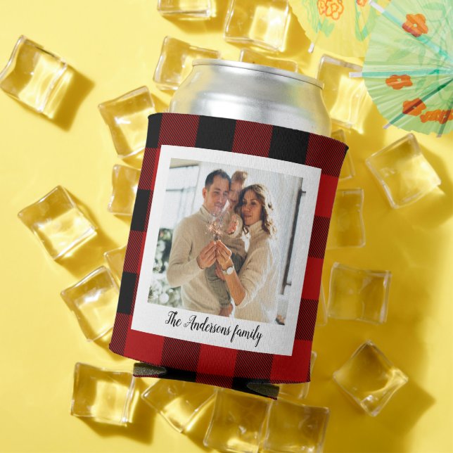Red Buffalo Plaid & Personal Name And Photo Can Cooler (In Situ Summer)