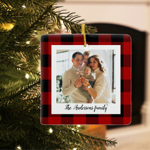 Red Buffalo Plaid & Personal Name And Photo Ceramic Ornament