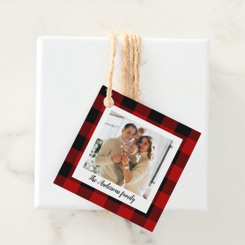 Red Buffalo Plaid  Personal Name And Photo Favor Tags