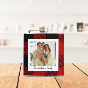 Red Buffalo Plaid & Personal Name And Photo Flask