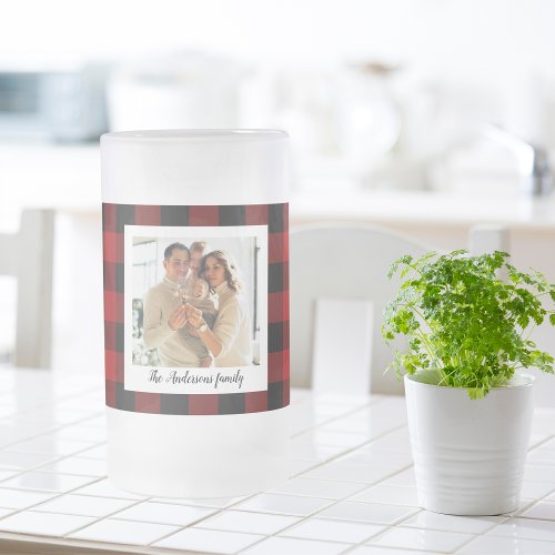 Red Buffalo Plaid  Personal Name And Photo Frosted Glass Beer Mug